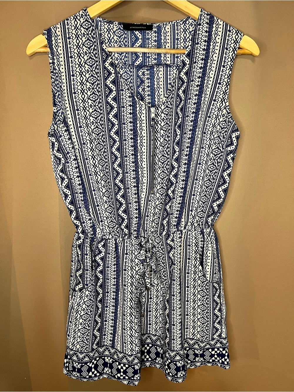 Boho Summer Vacation Resort Romper Chic Atmosphere Blue & White Printed Tribal